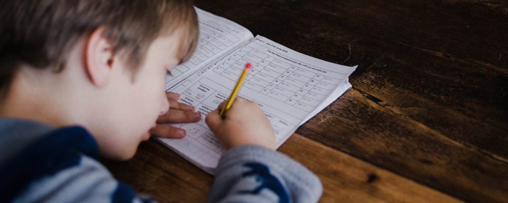 Aprendizagem e desempenho cognitivo child doing homework on textbook